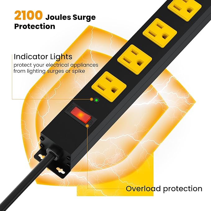 Metal 12 Outlet Mountable Power Strip, Surge Protector Heavy Duty Cord Wide Spaced and Wall Mount Metal Powerstrip for Outdoor, Desk, Garage, Industrial, Shop and Indoor (10ft)