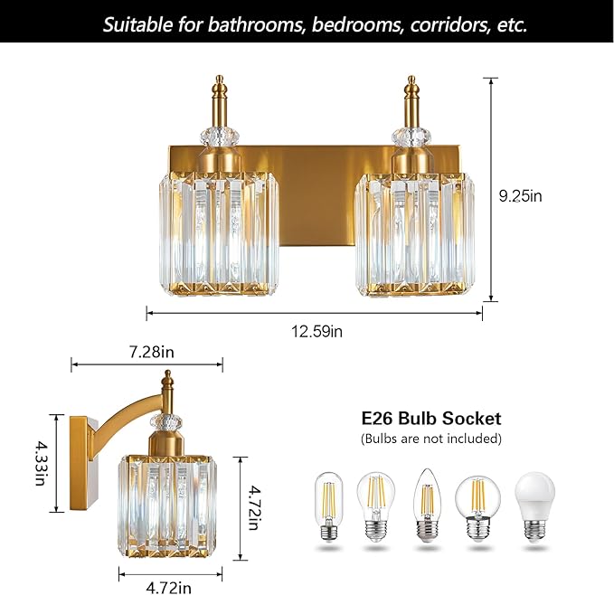 Crystal Vanity Lights Gold 2 Light Bathroom Light Fixtures Over Mirror Modern Vanity Light for Bathroom