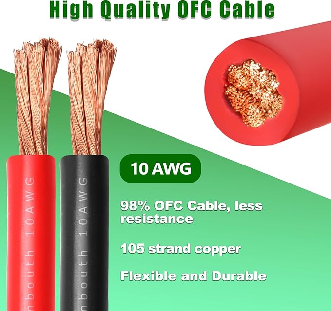 10 Gauge Battery Cable Copper Wire, 10FT Red+10FT Black 10 AWG Welding Cable Standard USA OFC Wire for Automotive, Battery, Solar, Marine and Generator