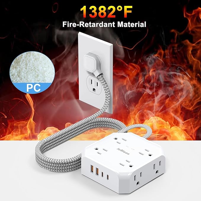 Surge Protector Flat Plug Power Strip, 10Ft Extension Cord with Multiple Outlets, 8 Outlet Splitter with 4 USB(2 USB C) Ports, Desk Charging Station for Home, Office, College, Dorm Room Essentials