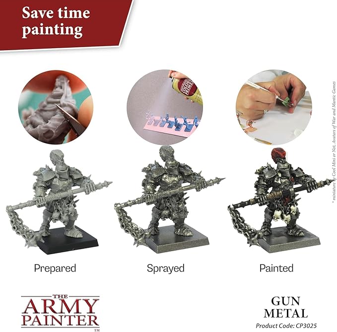 The Army Painter Colour Primer Gun Metal, 400 mL Acrylic Spray Primer, Spray Paint Basecoat for Miniature Priming, Tabletop Roleplaying, Boardgames, and Wargames Miniature Modelling