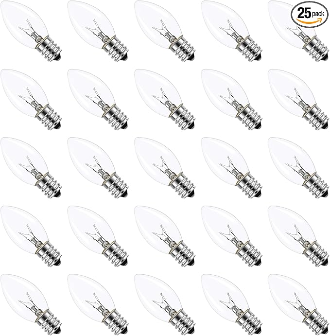 25 Pack C9 Clear Incandescent Replacement Bulbs, C9 Vintage Christmas Lights Outdoor Incandescent Bulbs Fits in C9/E17 Base for Indoor Outdoor Home Party Decorations, 7 Watts Night Light Bulbs