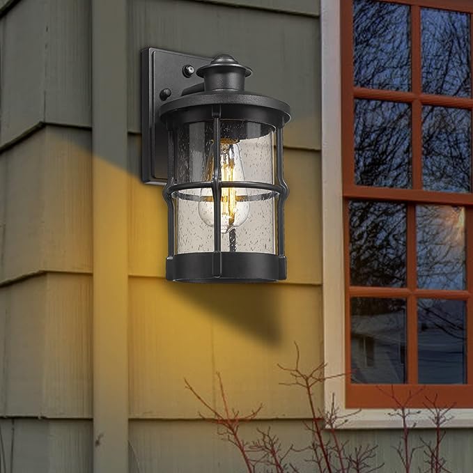 Outdoor Wall Sconces, Dusk to Dawn Outdoor Wall Lights, Exterior Wall Mount Lighting, Wall Light Fixture in Black Finish with Seeded Glass, 2 Pack, DDLTM-W-2Pack