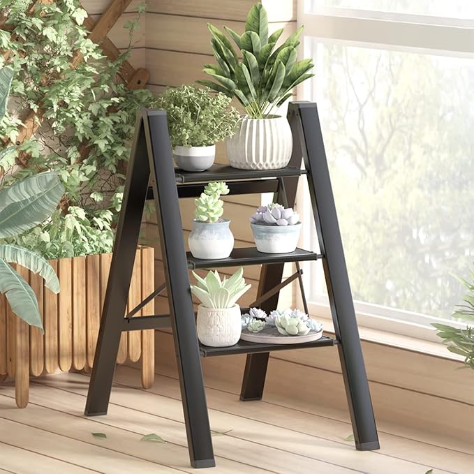 GameGem 3 Step Ladder, Aluminum Folding Step Stool with Anti-Slip Sturdy and Wide Pedal, Lightweight Portable Stepladder for Home and Kitchen Use Space Saving, Black, 330 lbs