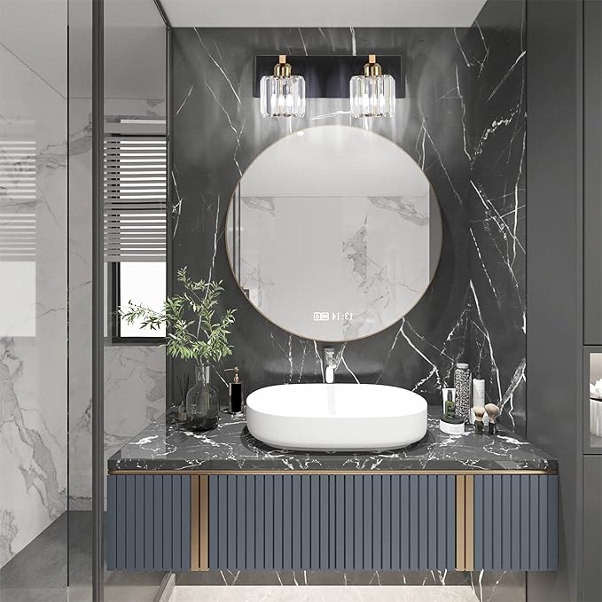 Aipsun Vanity Lighting Fixtures for Bathroom Matte Black Vanity Lights Fixtures Crystal 2 Lights Wall Light Fixture Over Mirror(Exclude Bulb)