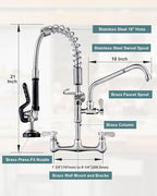 21" Height Commercial Faucet Wall Mount with Sprayer 9.6" Swing Spout 8" Adjustable Center, Kitchen Sink Faucets with Pull Down Pre-Rinse Sprayer for Restaurant Industrial Kitchen, Brushed Nickel