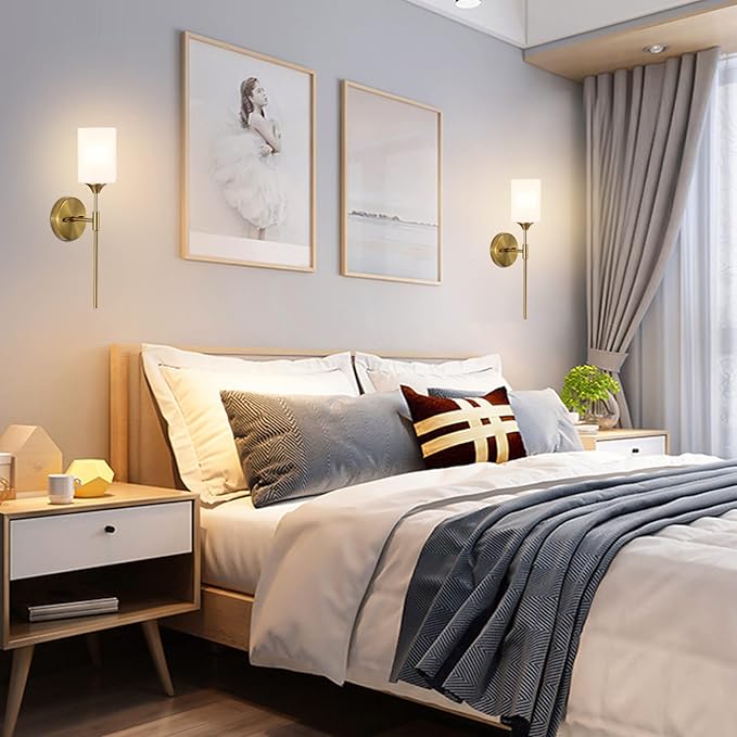 Gold Wall Sconce Set of 2 with White Cylinder Glass Shades Modern Mid Century Bathroom Vanity Wall Light Fixtures Industrial Brushed Brass Wall Lamp for Bedroom Mirror Living Room Restaurant