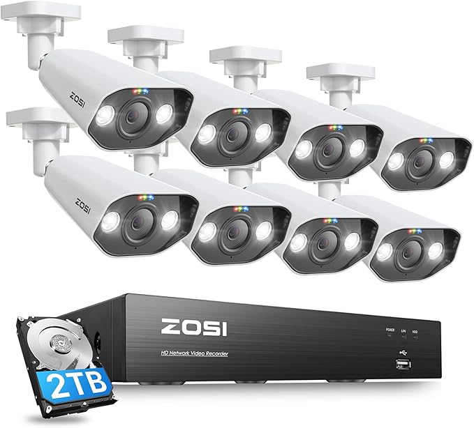 ZOSI 8CH 4K Spotlight PoE Security Camera System,8pcs 8MP/4K Outdoor Indoor IP Cameras,Person/Vehicle Detection,2 Way Audio,Night Vision,8Channel 8MP NVR with 2TB HDD for Home 24/7 Recording