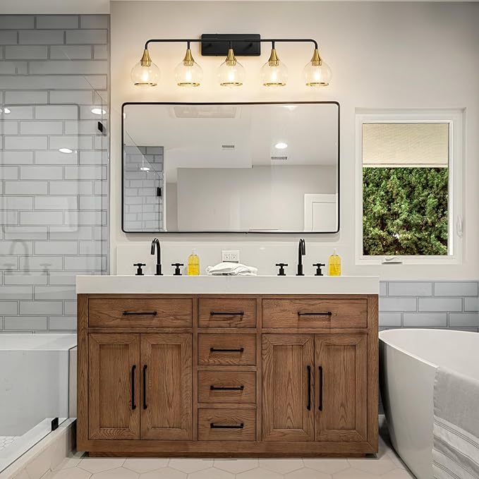 Black and Gold Bathroom Vanity Light 5-Lights Bathroom Light Fixtures Over Mirror with Clear Glass Shade 39.2 inch Wall Sconce Lighting Bath(Exclude E26 Bulb)