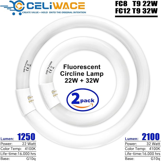FC8T9/CW 22W and FC12T9/CW 32W Cool White Set, 8 inch T9 22 Watts Circular Light Bulbs, 12 inch 32 Watts Circline Fluorescent Bulb Round Ring Bulb CRI 80, G10q Prong