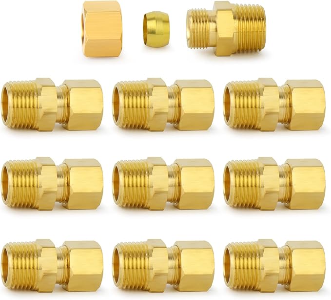 ChillWaves Brass Compression Tube Fitting, 3/16" OD x 1/4" NPT Male Compression Union Connector(10-PACK)