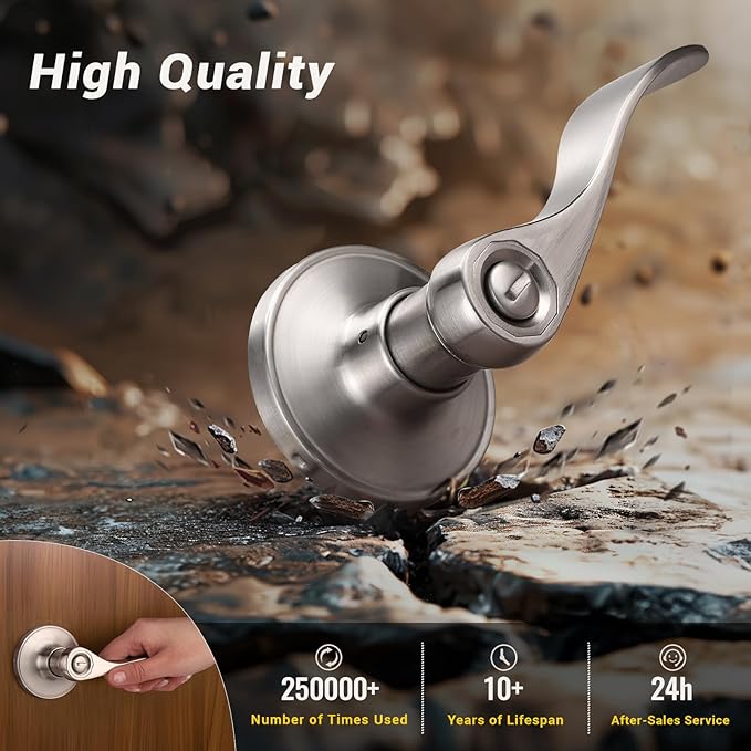 Knobonly 6 Pack Satin Nickel Privacy Door Levers Interior Door Handles for Bedroom and Bathroom Door Knobs Keyless Privacy Door Handles with Lock, Zinc Alloy Reversible for Right/Left