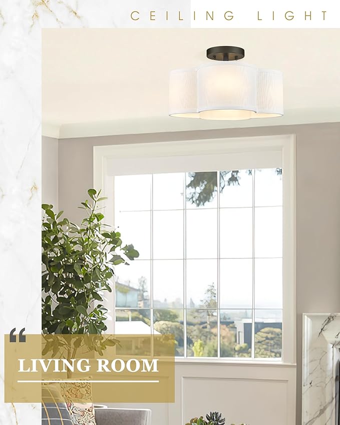Black Semi Flush Mount Ceiling Light, Close to Ceiling Light Fixtures with Fabric Shade in Quatrefoil Shape, Farmhouse 13-inch Ceiling Light for Kitchen Hallway Bedroom, AD-22007-4SF-BK