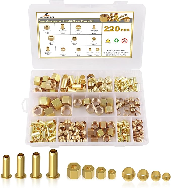 220PCS Compression Fittings Assortment kit - 4 sizes (1/4", 3/8", 5/16", 1/2") of Brass Compression Sleeve Ferrule, Insert and Nuts,Connect Lines for Air,Water,Fuel,Oil and Inert Gases