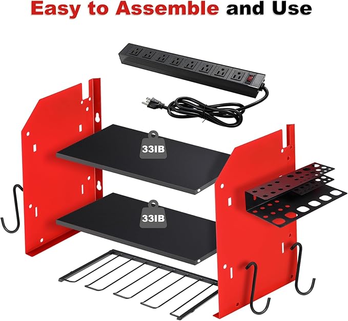3 layers power tool organizer Loads 150lbs with 4 Cordless Drill Holder and 8 Outlet Power Strip,it’s good choice for husband birthday gift,red