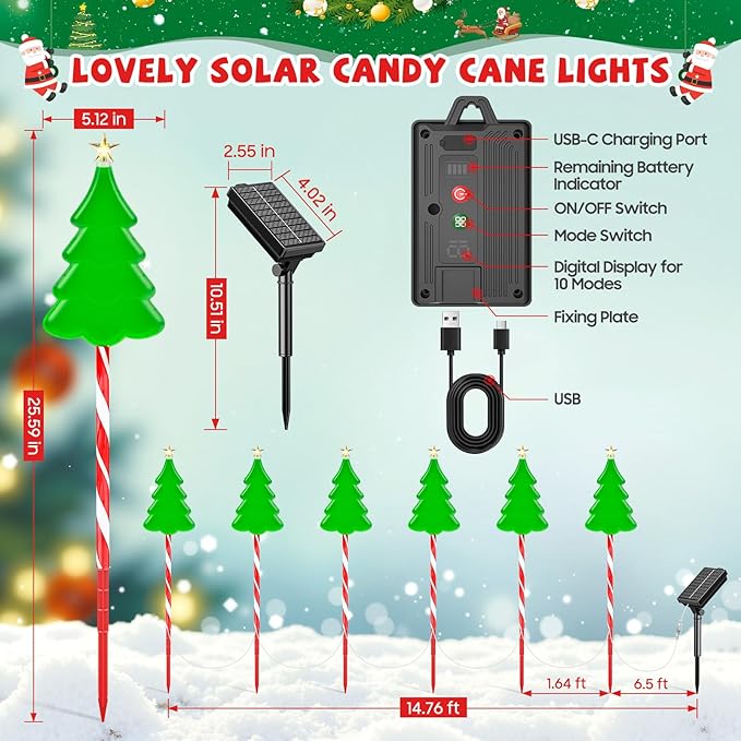 25" Larger Outdoor Christmas Decorations, 12 Pack Colorful Solar Candy Cane Christmas Tree Lights with 10 Lighting Modes and Bright 204 LED, Waterproof Solar Christmas Tree for Pathway Yard