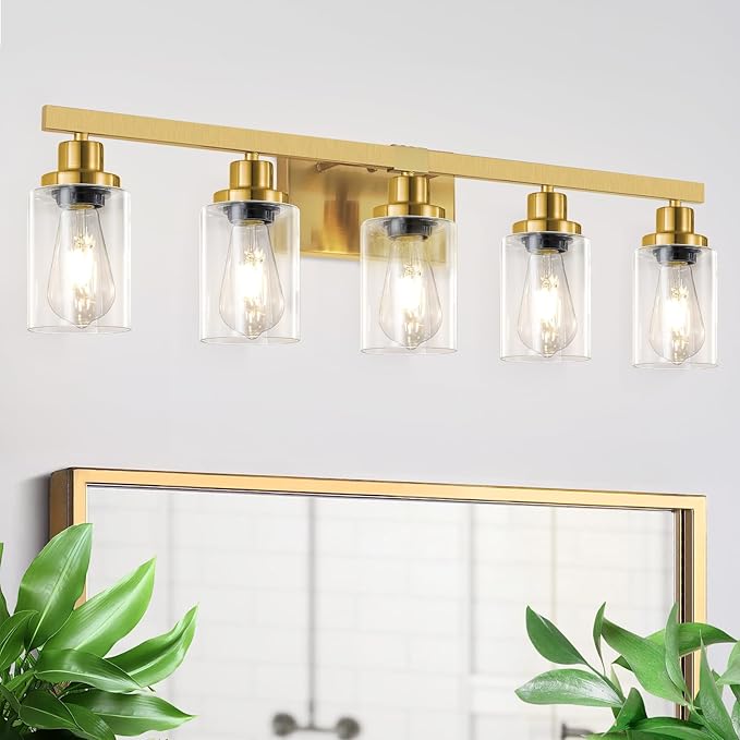5 Light Gold Bathroom Vanity Light, Bathroom Light Fixtures, 31" Modern Brushed Gold Vanity Lighting Fixtures for Bathroom Over Mirror, Gold Sconces Wall Lighting for Bedroom