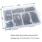 High Hardness Black Wood Screws Assortment Kit, 209 pcs, Phillips Drive Flat Head, Wood Screws, Screws, Drywall Screws, Assorted Screws, Screws Set, 6 Sizes (2”,1-1/2”,1-1/4”,1”,3/4”,1/2”)
