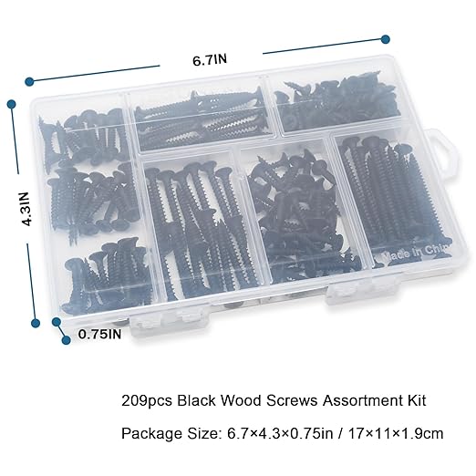 High Hardness Black Wood Screws Assortment Kit, 209 pcs, Phillips Drive Flat Head, Wood Screws, Screws, Drywall Screws, Assorted Screws, Screws Set, 6 Sizes (2”,1-1/2”,1-1/4”,1”,3/4”,1/2”)