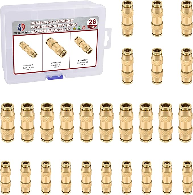 26pcs Quick Connect Brass DOT Air Line Fittings Straight Union 1/4” 3/8” 5/16” Tube Push to Connect Fittings Air Suspension Fitting Straight Air Brake Union Push Lock Pneumatic Air Hose Fitting