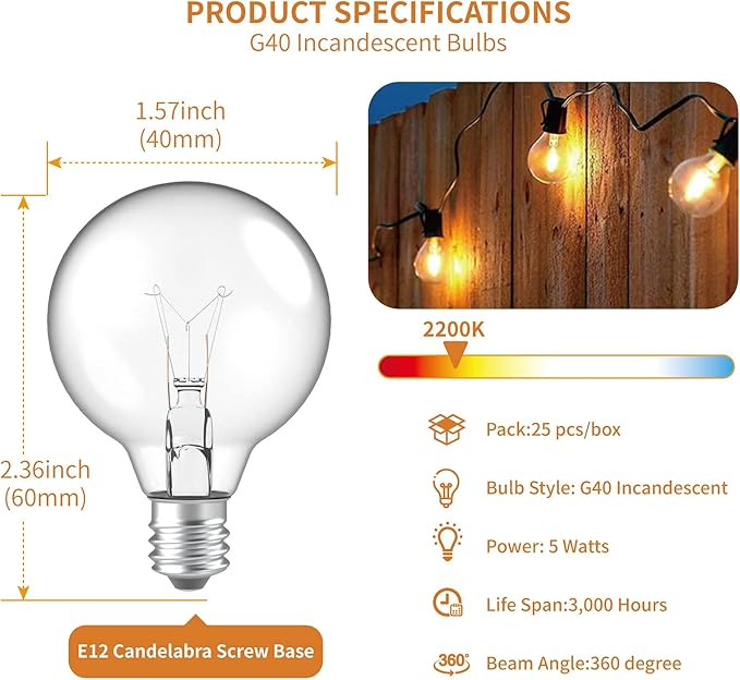 Meconard G40 Replacement Light Bulbs, E12 Candelabra Screw Base 5watt Dimmable Clear Glass Globe Incandescent Bulbs for Indoor Outdoor String Lights,Warm White,25Pack
