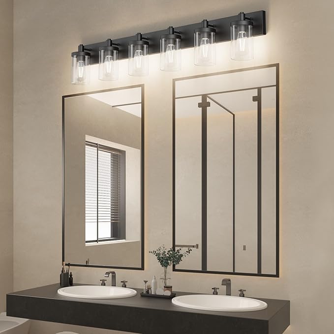 Aipsun 48in Vanity Light Black Bathroom Vanity Lighting Fixtures 6 Light Bathroom Light Fixtures with Clear Glass Shade(Exclude Bulb)