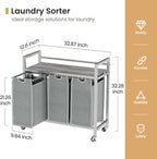 Laundry Hamper, Laundry Basket, Laundry Sorter with 3 Removable Bags, Clothes Basket with 3 Compartments, Wheels, Shelf for Laundry Room Bathroom Bedroom (3 Bags-Gray)