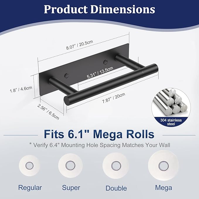 Matte Black Toilet Paper Holder, Adhesive or Screw Toilet Roll Holder Wall Mount, SUS304 Stainless Steel Double Post Pivoting Toilet Roll Holder for Bathroom, Kitchen, Washroom