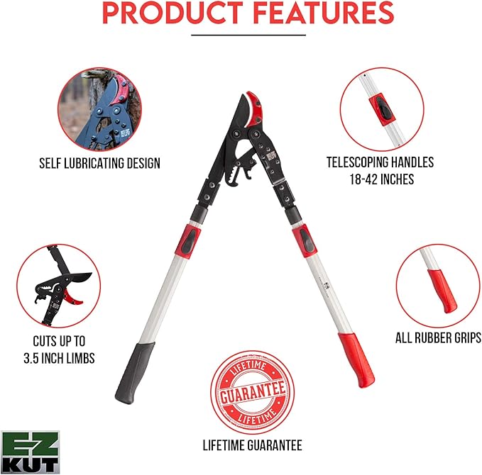 EZ Kut G2 Tree Trimmer Ratcheting Branch Cutter. Heavy Duty Branch Cutter. 42 inch Extendable Anvil Hand Loppers. Tree Pruner Trusted Since 1988. Chops Thick Branches with Ease.