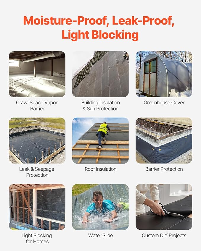 VEVOR 3FT x 50FT Plastic Sheeting Heavy Duty, 4 Mil Thick Plastic Sheeting Roll, Plastic Drop Cloth Painters Tarp, Polyethylene Covering for Crawl Space Vapor Barrier, Multi-Purpose, Black