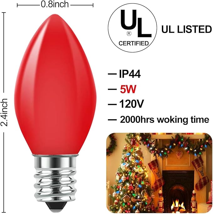 C7 Vintage Christmas Lights, Multicolor Lights Bulbs for Hanging String Lights Outdoor, Great for Holiday Party Wedding Christmas Decorations (25 Pack C7 Bulbs)