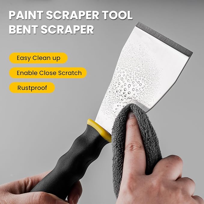 Mister Rui 3" Bent Scraper, Heavy Duty Paint Scraper Tool with Pole Socket Hammer End, Stainless Steel Bent Blade with Anti Slip Rubber Handle, Curved Floor Scraper for Cleaning, Removing, Repairing