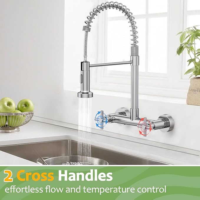Wall Mount Kitchen Faucet, Hurran Brushed Nickel Kitchen Sink Faucet, 8 Inch 2 Handle Wall Mount Commercial Sink Faucet with Pull Down Sprayer for Kitchen Laundry Room Restaurant