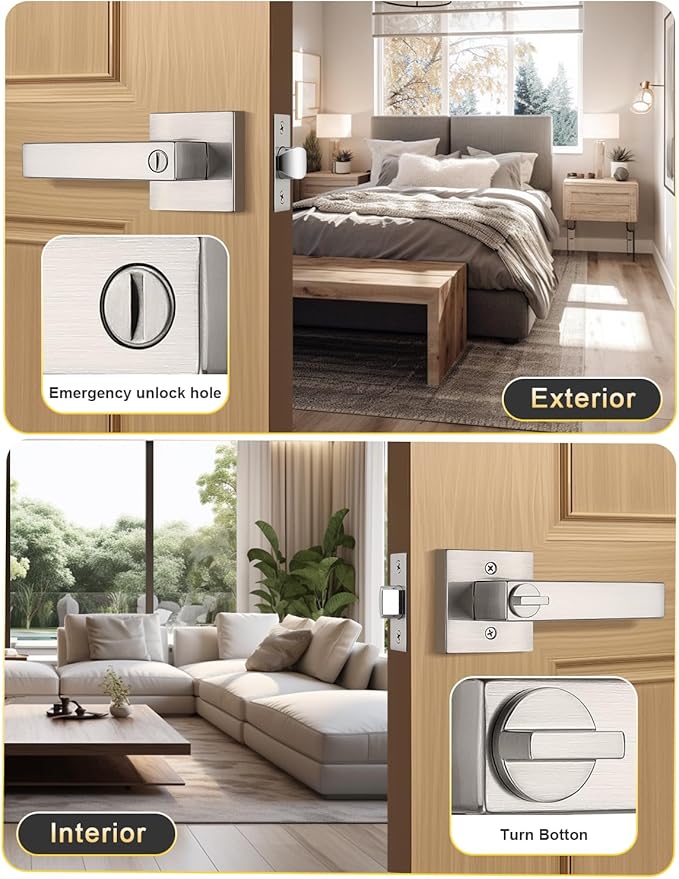 8 Pack Privacy Square Brushed Nickel Door Handles Interior, Keyless Door Knobs for Bedroom/Bathroom, Reversible for Left Right Handed Doors