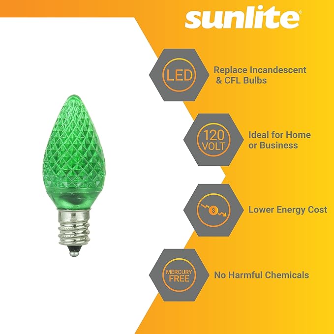 Sunlite 80701 LED C7 Holiday Decorative Light Bulb, 0.4 Watts, E12 Candelabra Base, Faceted Christmas-Lights; Nightlight, Green 6 Count