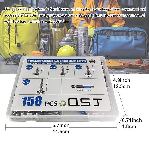 QSJ 158PCS #8 Sheet Metal Screws Set 410 Stainless Steel Truss Head Fast Self Tapping Screws with Screwdriver Bit Silver