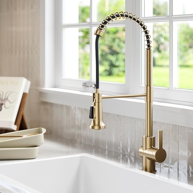 KRAUS Britt 2nd Gen Commercial Style Pull-Down Single Handle Kitchen Faucet in Spot Free Antique Champagne Bronze, KPF-1691SFACB