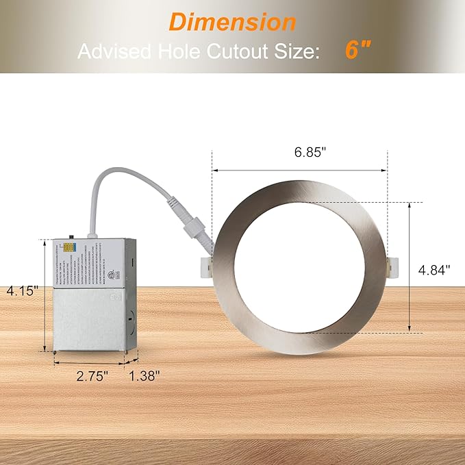 ZYC Recessed Lighting 6 Inch - 12W 1100LM LED Recessed Ceiling Light with Night Light,5CCT 2700K-6000K Selectable Ultra-Thin Lighting,Dimmable Canless Wafer Downlight,Pack of 6（Brushed Nickel）.