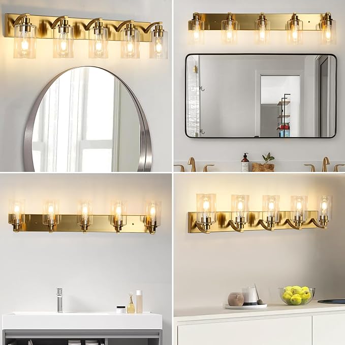 5-Light Bathroom Light Fixtures Modern Gold Vanity Lights for Bathroom Lighting Fixtures Over Mirror with Clear Glass Shade for Cabinet Mirror Bedroom Hallway