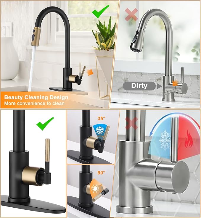 Black and Gold Kitchen Faucet- High Arc Single Handle Stainless Steel Sink Faucet with Pull Down Sprayer- 3 Spray Mode, 1.8 GPM High Flow fit for 1/3 Hole with 10" Deck Plate