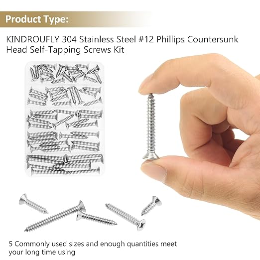 56 Pieces #12 x 3/4" 1" 1-1/4" 1-1/2" 2" Phillips Countersunk Head Self-Tapping Screws, Wood Screws Assortment Kit, 304 Stainless Steel