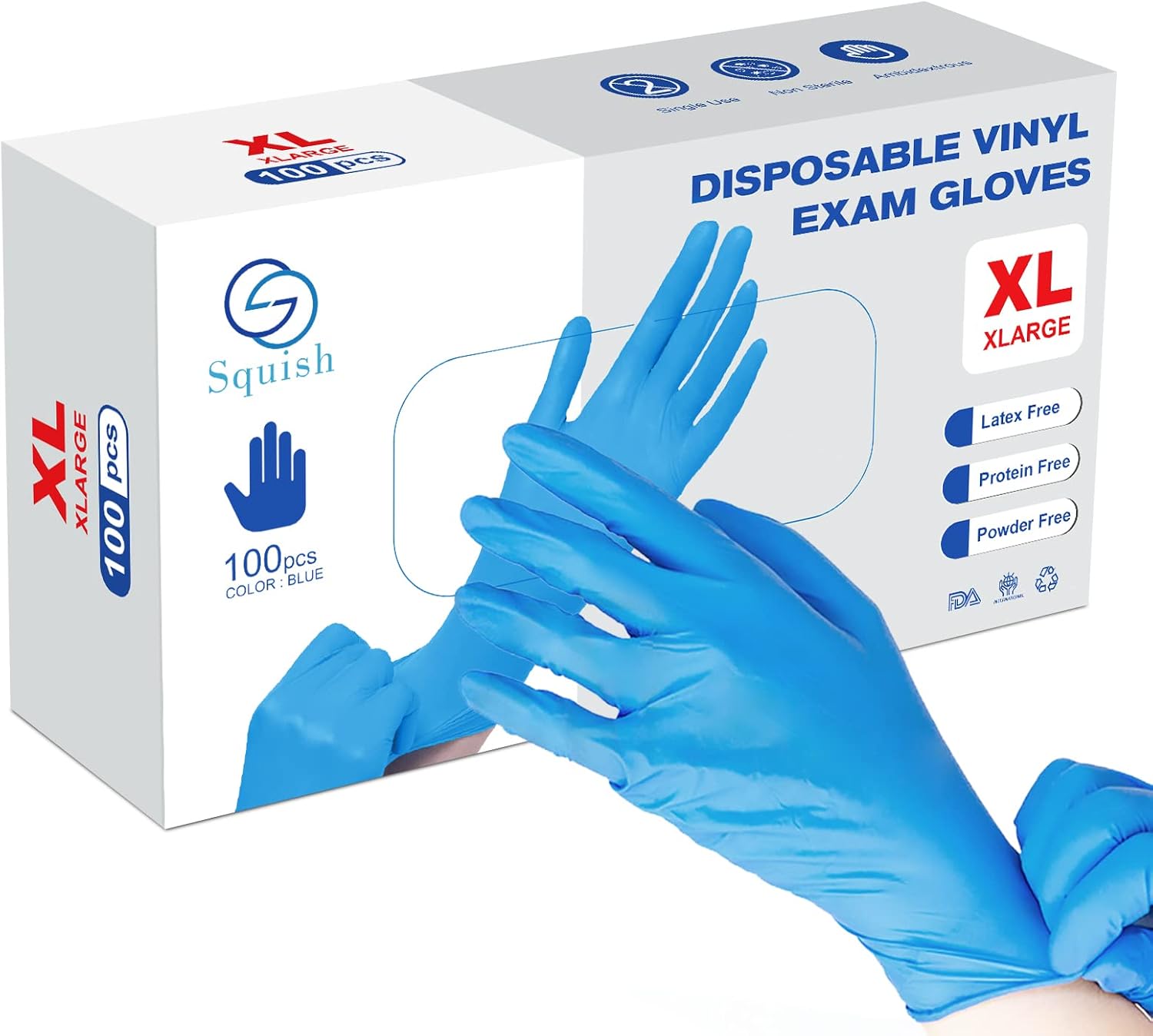 squish Disposable Gloves, Blue 4 mil Vinyl Synmax Exam Gloves Non Sterile, Powder Free, Latex Free - Cleaning Supplies, Kitchen and Food Safe(Pack of 100) (Blue X-Large)