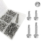 QSJ 155PCS #8 Sheet Metal Screws Set 410 Stainless Steel Hex Washer Head Fast Self Tapping Screws with Screwdriver Bit Silver