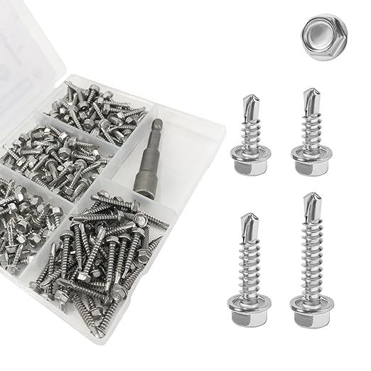 QSJ 155PCS #8 Sheet Metal Screws Set 410 Stainless Steel Hex Washer Head Fast Self Tapping Screws with Screwdriver Bit Silver