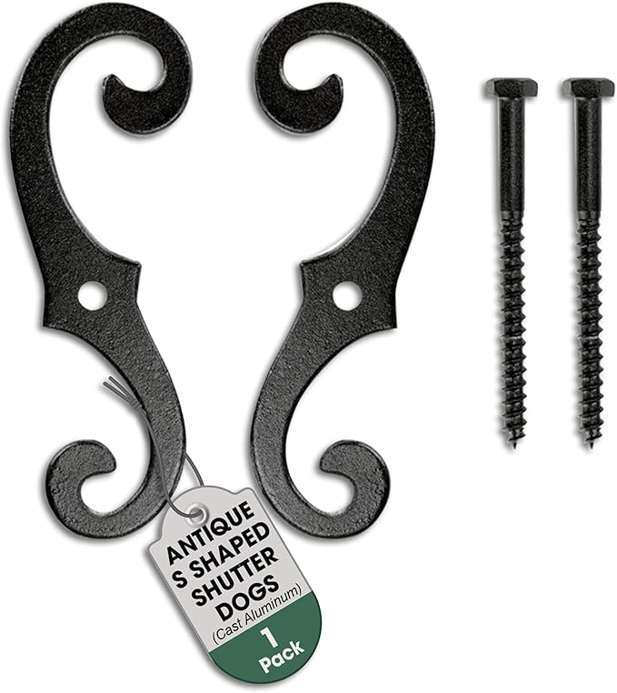 Renovators Supply Black Shutter Dog Holders 6.5 Inches Long Antique Decorative S Style Solid Aluminium Black Rust Resistant Powder Coated External Shutter Tieback Hardware Including Mounting Screws