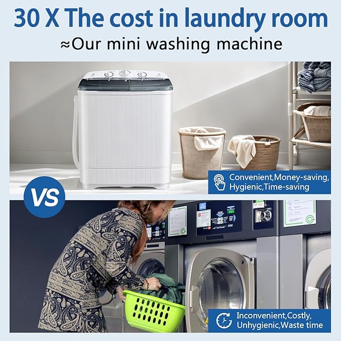 Portable Mini Twin Tub 22lbs Washing Machine With Drying Rack& 10 Hangers, 13lbs Washer & 9lbs Spinner, Small Laundry Washer with Time Control for Camping, Apartments, RV (22lbs)