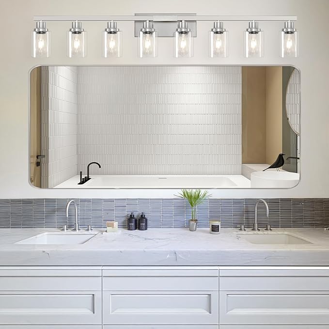52inch Brushed Nickel Vanity Light Fixtures, 8 Light Brushed Nickel Bathroom Vanity Lights Over Mirror, Matte Nickel Modern Bathroom Wall Lighting for Mirror Bedroom,Living Room