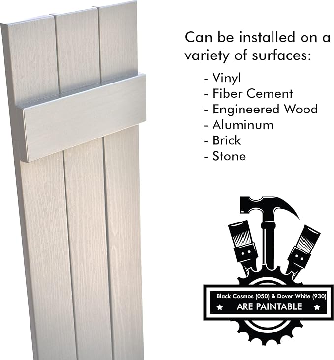 Board & Batten Vinyl Shutters (1 Pair) | 11"x63" (3-Board) - Dover White/Paintable | Exterior Window Shutters | Includes Mounting Hardware | Simple Installation | Made in USA
