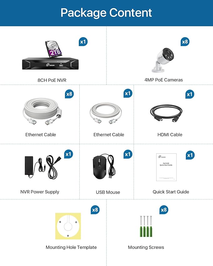Loocam PoE Security Camera System 2TB HDD, 4MP Wired Bullet PoE IP Cameras, Person Vehicle Detection, 8CH 5MP NVR 24/7 Recording CCTV Home Surveillance Outdoor Indoor, Remote Access, Night Vision