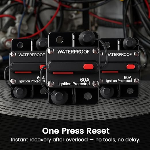 60A Waterproof DC Circuit Breaker with Manual Reset, 12V–48V Inline Fuse with Screws & Terminals for Trolling Motor, Marine, RV, Car Audio, Solar Battery System